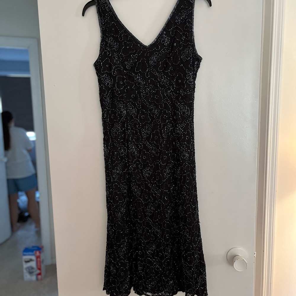 David's Bridal Black and Silver Midi Dress
